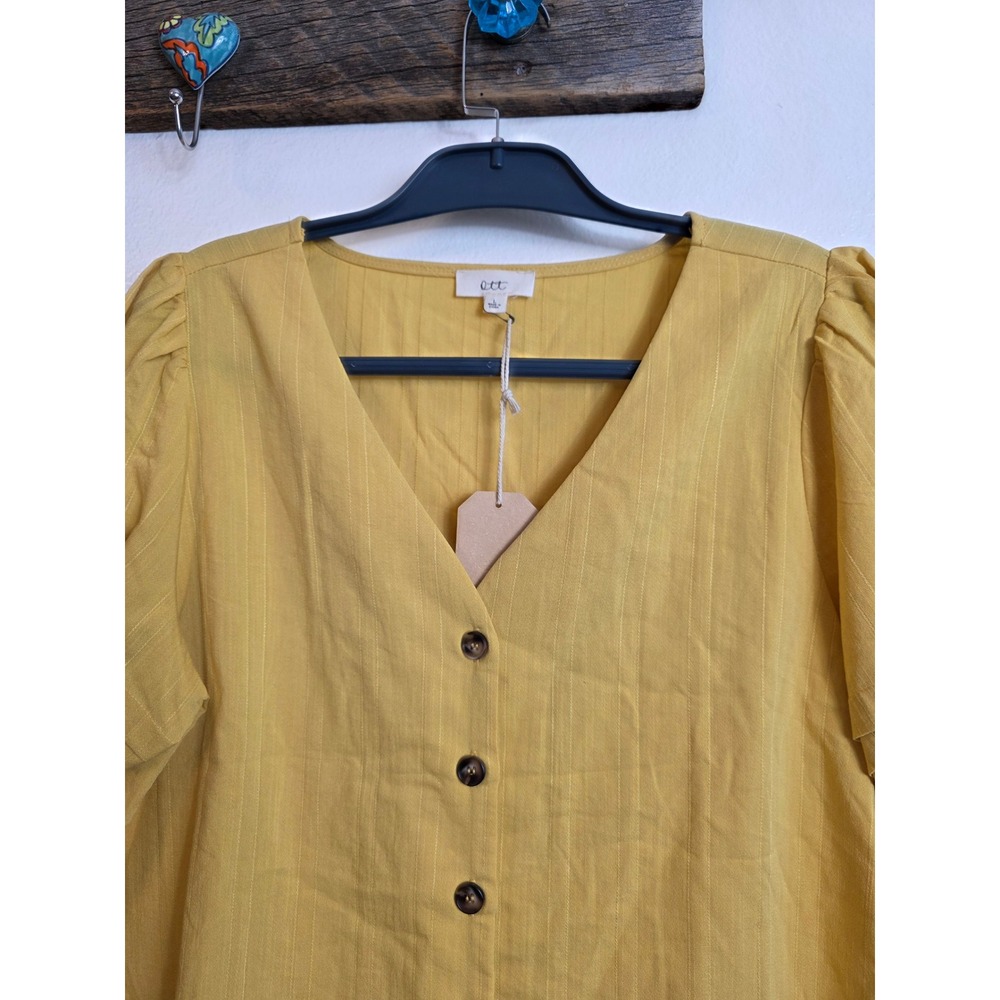 Ott Womens Mustard Yellow Button Front Puff Sleeve Blouse Large NEW - Picture 6 of 13